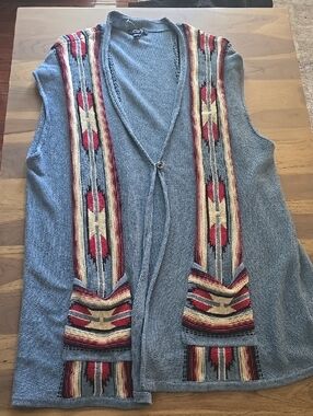 Chaps Blue Knit Vest with Red and Cream Southwestern Trim